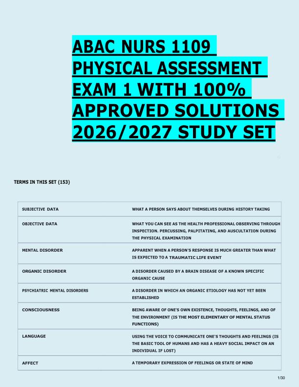   ABAC NURS 1109  PHYSICAL ASSESSMENT  EXAM 1 WITH 100%  APPROVED SOLUTIONS  2026/2027 STUDY SET