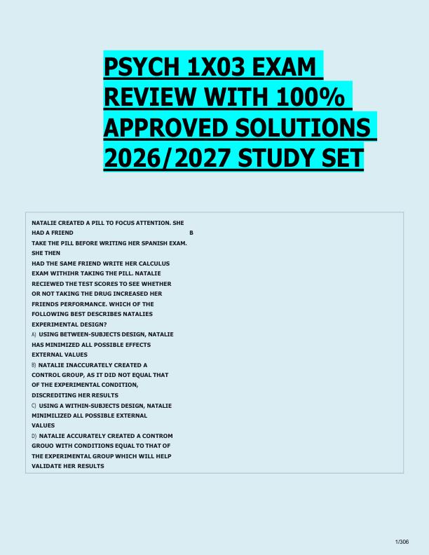   PSYCH 1X03 EXAM  REVIEW WITH 100%  APPROVED SOLUTIONS  2026/2027 STUDY SET 