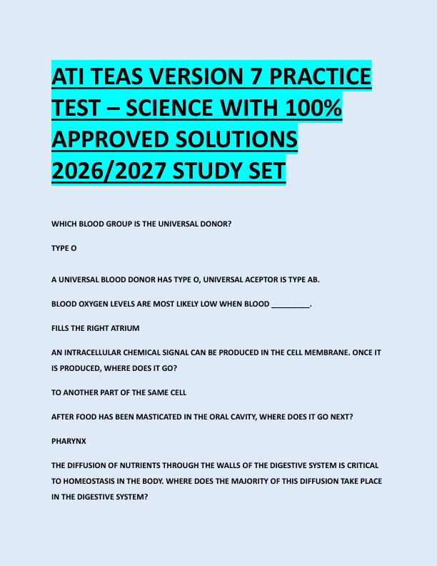 ATI TEAS VERSION 7 PRACTICE  TEST – SCIENCE WITH 100%  APPROVED SOLUTIONS  2026/2027 STUDY SET 