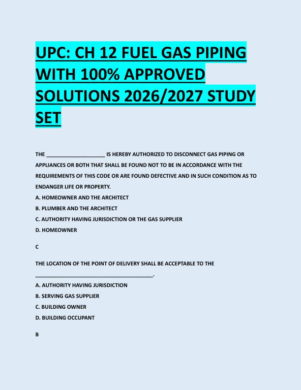 UPC: CH 12 FUEL GAS PIPING  WITH 100% APPROVED  SOLUTIONS 2026/2027 STUDY  SET 
