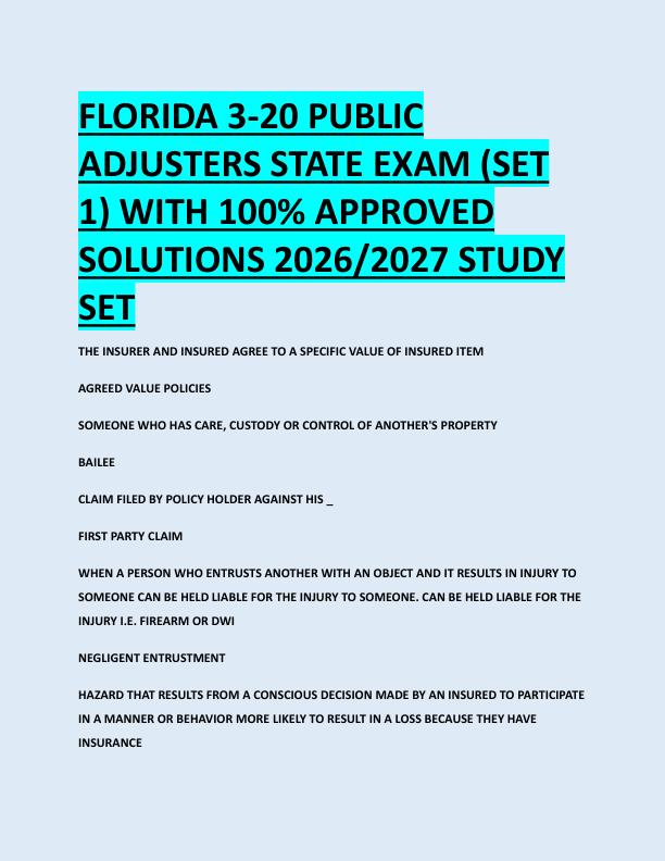 FLORIDA 3-20 PUBLIC  ADJUSTERS STATE EXAM (SET  1) WITH 100% APPROVED  SOLUTIONS 2026/2027 STUDY  SET 