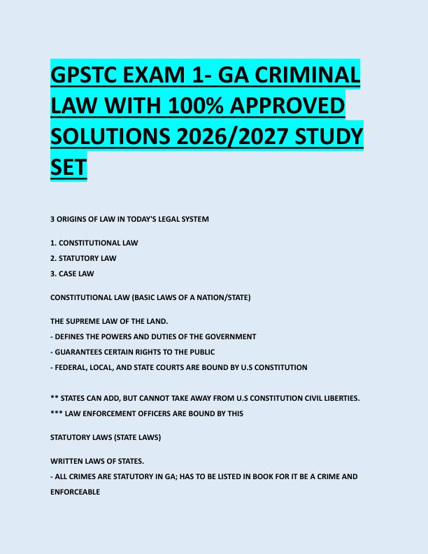 GPSTC EXAM 1- GA CRIMINAL  LAW WITH 100% APPROVED  SOLUTIONS 2026/2027 STUDY  SET 