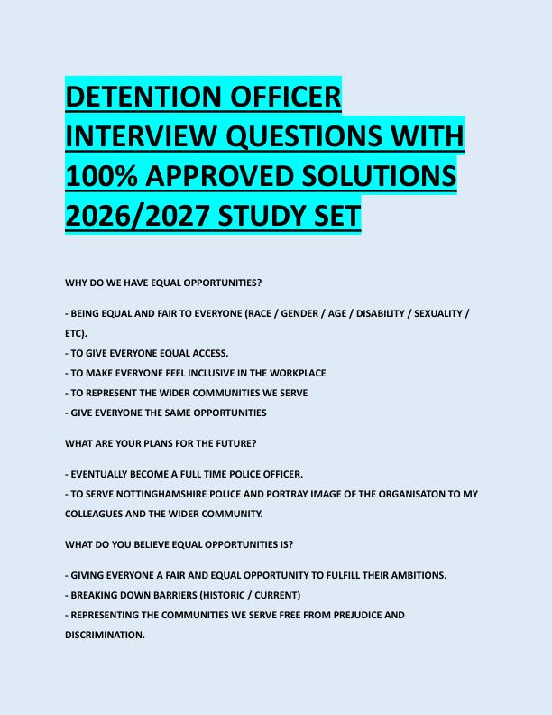 DETENTION OFFICER  INTERVIEW QUESTIONS WITH  100% APPROVED SOLUTIONS  2026/2027 STUDY SET