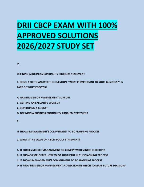 DRII CBCP EXAM WITH 100%  APPROVED SOLUTIONS  2026/2027 STUDY SET 