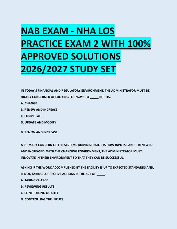 NAB EXAM - NHA LOS  PRACTICE EXAM 2 WITH 100%  APPROVED SOLUTIONS  2026/2027 STUDY SET
