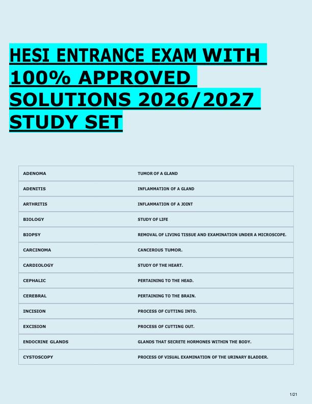 HESI ENTRANCE EXAM WITH  100% APPROVED  SOLUTIONS 2026/2027  STUDY SET