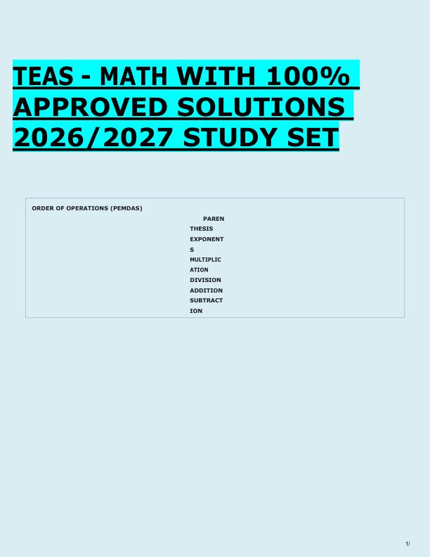 TEAS - MATH WITH 100%  APPROVED SOLUTIONS  2026/2027 STUDY SET