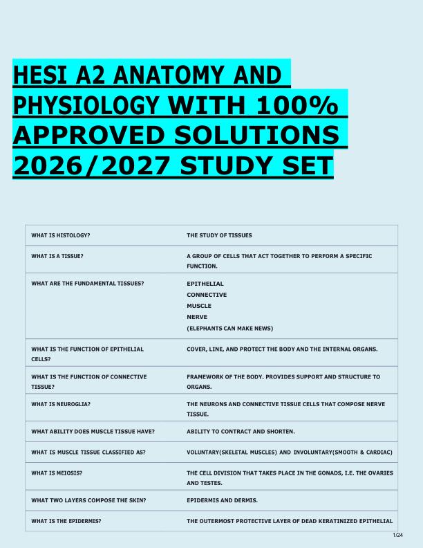 HESI A2 ANATOMY AND  PHYSIOLOGY WITH 100%  APPROVED SOLUTIONS  2026/2027 STUDY SET