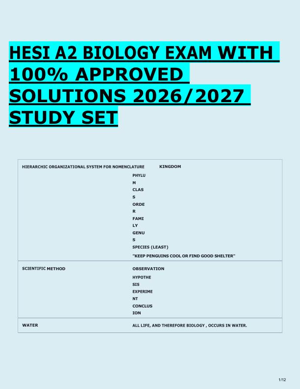 HESI A2 BIOLOGY EXAM WITH  100% APPROVED  SOLUTIONS 2026/2027  STUDY SET 