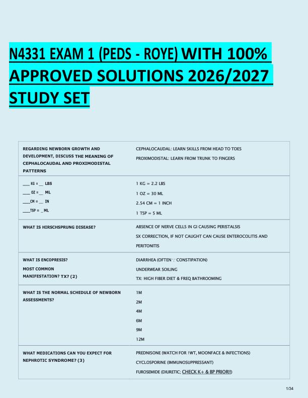 N4331 EXAM 1 (PEDS - ROYE) WITH 100%  APPROVED SOLUTIONS 2026/2027  STUDY SET 