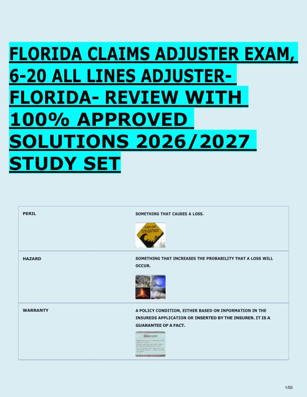 FLORIDA CLAIMS ADJUSTER EXAM,  6-20 ALL LINES ADJUSTER-  FLORIDA- REVIEW WITH  100% APPROVED  SOLUTIONS 2026/2027  STUDY SET