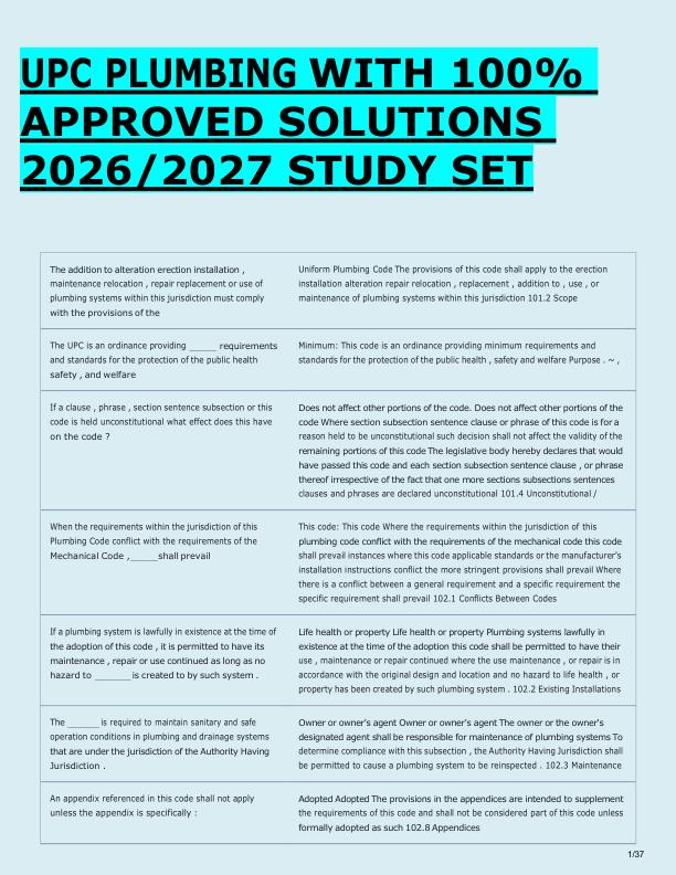 UPC PLUMBING WITH 100%  APPROVED SOLUTIONS  2026/2027 STUDY SET 