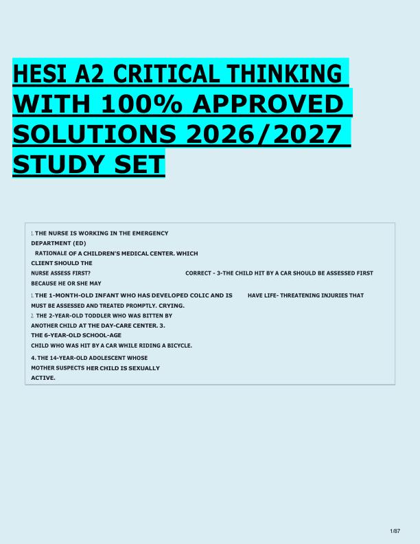 HESI A2 CRITICAL THINKING  WITH 100% APPROVED  SOLUTIONS 2026/2027  STUDY SET 