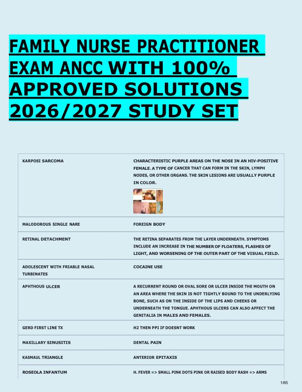 FAMILY NURSE PRACTITIONER  EXAM ANCC WITH 100%  APPROVED SOLUTIONS  2026/2027 STUDY SET 