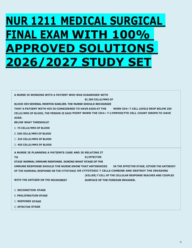NUR 1211 MEDICAL SURGICAL  FINAL EXAM WITH 100%  APPROVED SOLUTIONS  2026/2027 STUDY SET