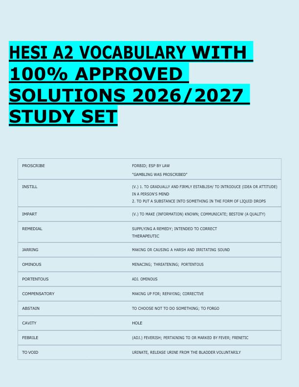 HESI A2 VOCABULARY WITH  100% APPROVED  SOLUTIONS 2026/2027  STUDY SET