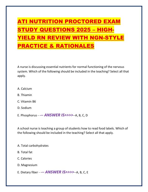 ATI NUTRITION PROCTORED EXAM STUDY QUESTIONS 2025
