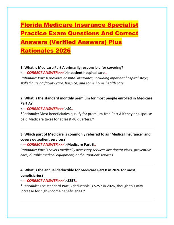Florida Medicare Insurance Specialist Practice Exam Questions And Correct Answers