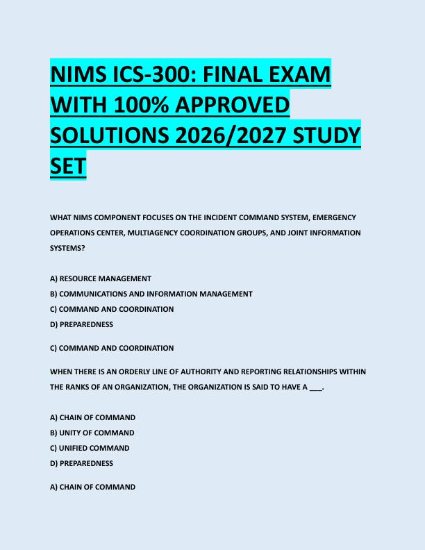NIMS ICS-300: FINAL EXAM  WITH 100% APPROVED  SOLUTIONS 2026/2027 STUDY  SET 