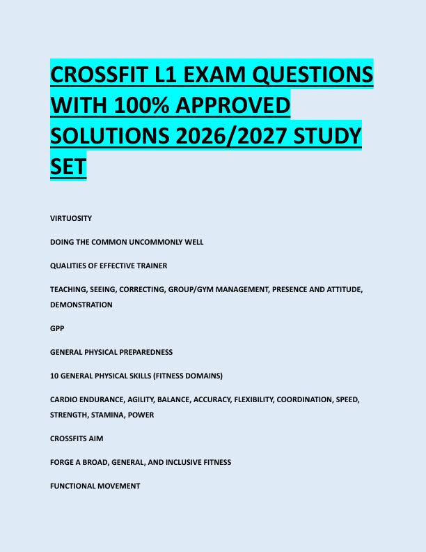 CROSSFIT L1 EXAM QUESTIONS  WITH 100% APPROVED  SOLUTIONS 2026/2027 STUDY  SET