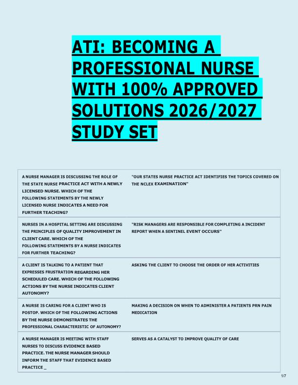 ATI: BECOMING A  PROFESSIONAL NURSE  WITH 100% APPROVED  SOLUTIONS 2026/2027  STUDY SET