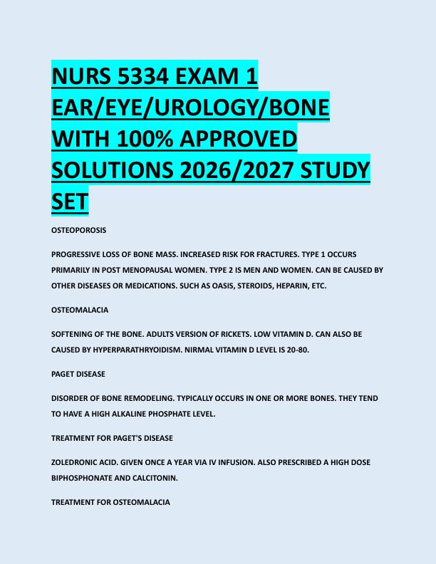 NURS 5334 EXAM 1  EAR/EYE/UROLOGY/BONE  WITH 100% APPROVED  SOLUTIONS 2026/2027 STUDY  SET
