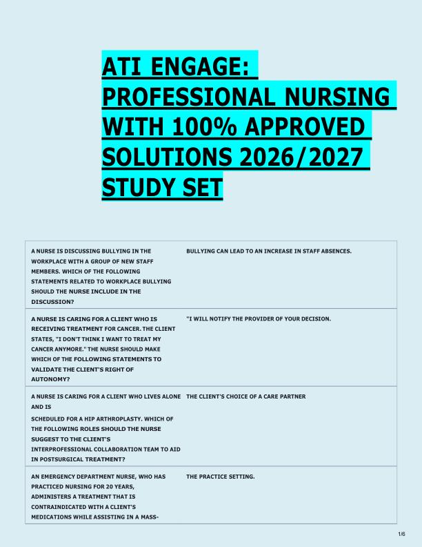 ATI ENGAGE:  PROFESSIONAL NURSING  WITH 100% APPROVED  SOLUTIONS 2026/2027  STUDY SET 