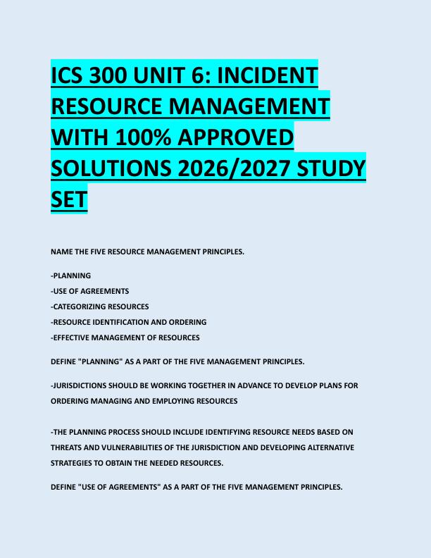 ICS 300 UNIT 6: INCIDENT  RESOURCE MANAGEMENT  WITH 100% APPROVED  SOLUTIONS 2026/2027 STUDY  SET 