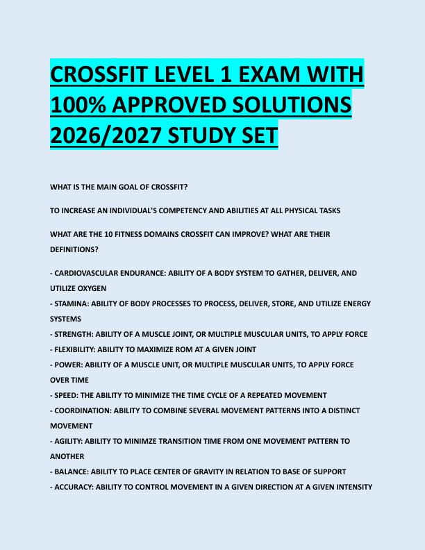 CROSSFIT LEVEL 1 EXAM WITH  100% APPROVED SOLUTIONS  2026/2027 STUDY SET 