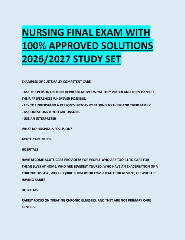 NURSING FINAL EXAM WITH  100% APPROVED SOLUTIONS  2026/2027 STUDY SET706