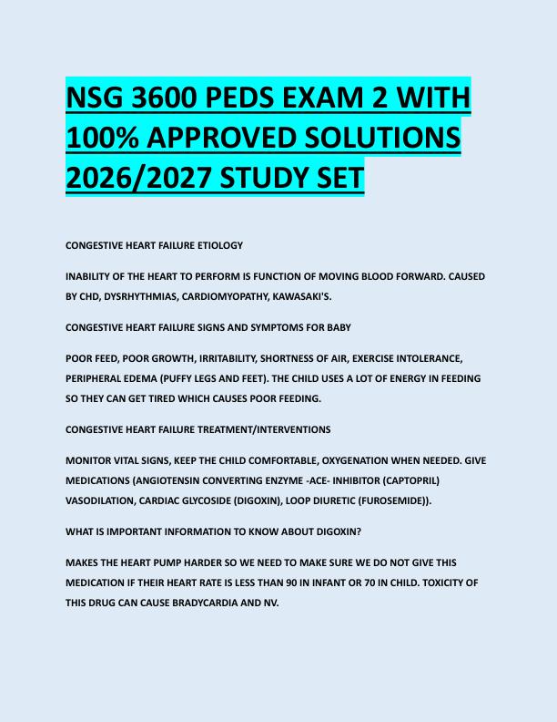 NSG 3600 PEDS EXAM 2 WITH  100% APPROVED SOLUTIONS  2026/2027 STUDY SET