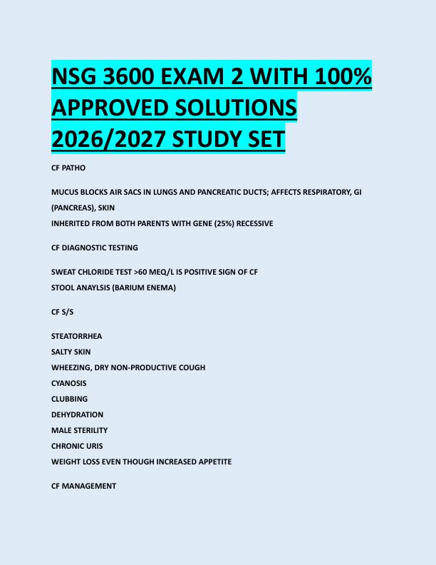 NSG 3600 EXAM 2 WITH 100%  APPROVED SOLUTIONS  2026/2027 STUDY SET