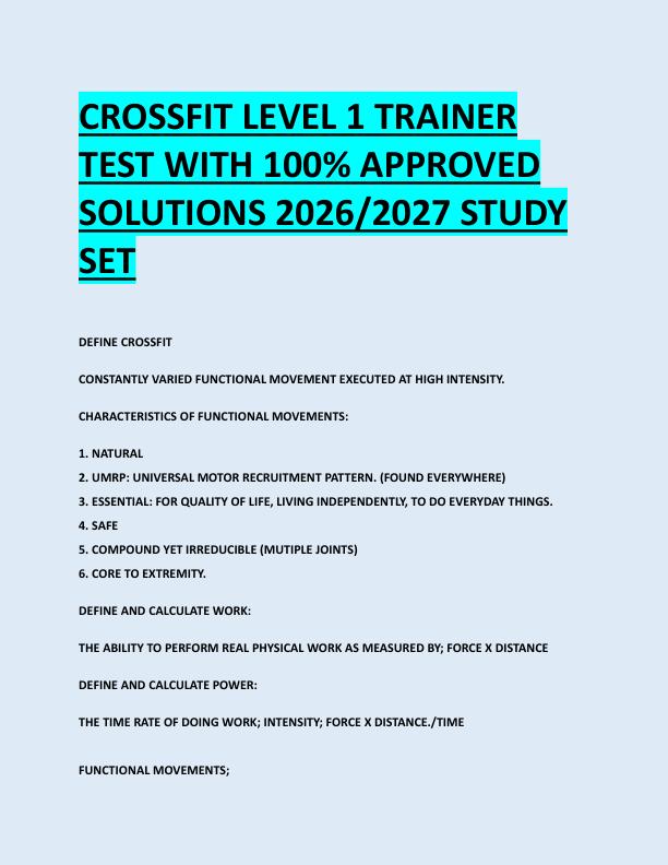 CROSSFIT LEVEL 1 TRAINER  TEST WITH 100% APPROVED  SOLUTIONS 2026/2027 STUDY  SET 