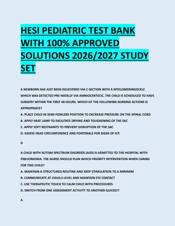 HESI PEDIATRIC TEST BANK  WITH 100% APPROVED  SOLUTIONS 2026/2027 STUDY  SET 
