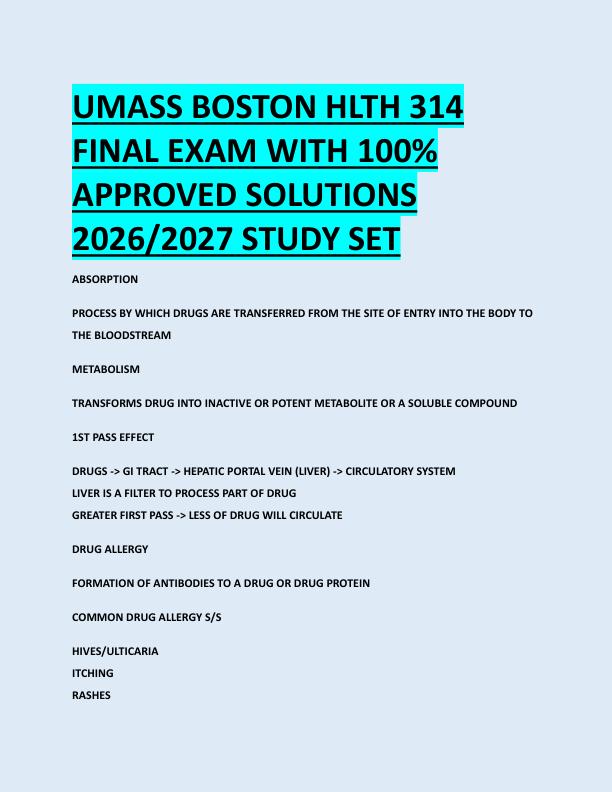 UMASS BOSTON HLTH 314  FINAL EXAM WITH 100%  APPROVED SOLUTIONS  2026/2027 STUDY SET
