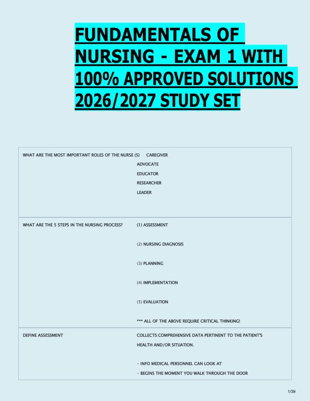 FUNDAMENTALS OF  NURSING - EXAM 1 WITH  100% APPROVED SOLUTIONS  2026/2027 STUDY SET