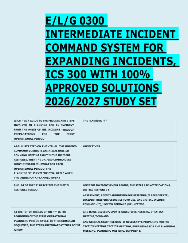 E/L/G 0300  INTERMEDIATE INCIDENT  COMMAND SYSTEM FOR  EXPANDING INCIDENTS,  ICS 300 WITH 100%  APPROVED SOLUTIONS  2026/2027 STUDY SET