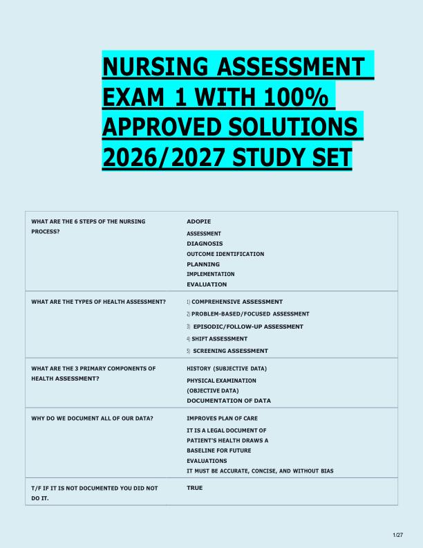 NURSING ASSESSMENT  EXAM 1 WITH 100%  APPROVED SOLUTIONS  2026/2027 STUDY SET 