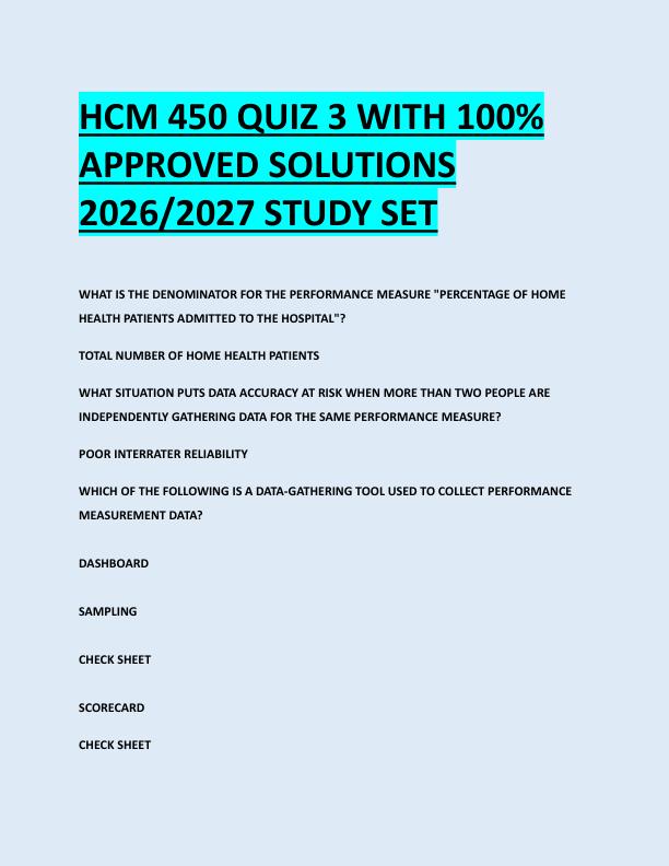 HCM 450 QUIZ 3 WITH 100%  APPROVED SOLUTIONS  2026/2027 STUDY SET