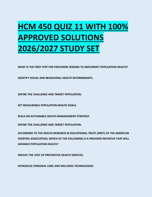 HCM 450 QUIZ 11 WITH 100%  APPROVED SOLUTIONS  2026/2027 STUDY SET