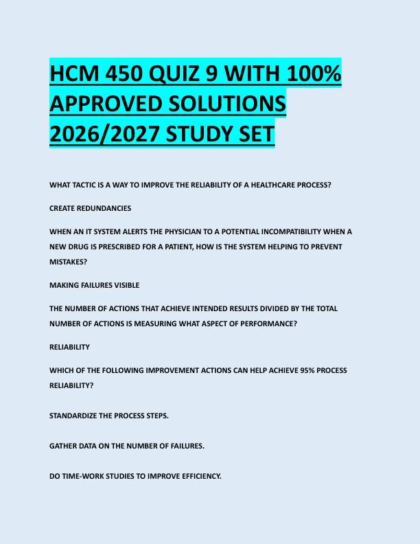HCM 450 QUIZ 9 WITH 100%  APPROVED SOLUTIONS  2026/2027 STUDY SET