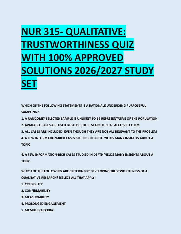 NUR 315- QUALITATIVE:  TRUSTWORTHINESS QUIZ  WITH 100% APPROVED  SOLUTIONS 2026/2027 STUDY  SET 780