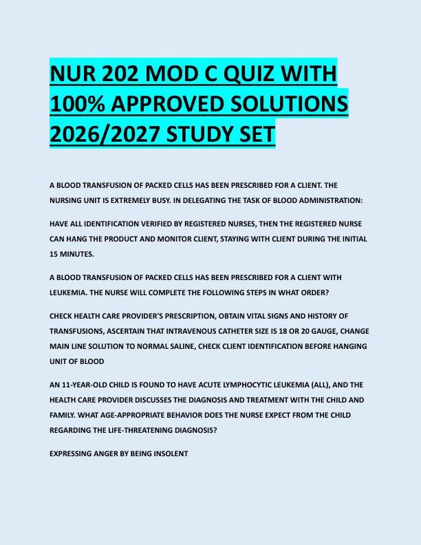 NUR 202 MOD C QUIZ WITH  100% APPROVED SOLUTIONS  2026/2027 STUDY SET