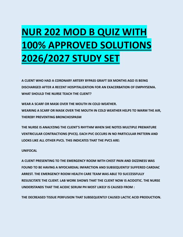 NUR 202 MOD B QUIZ WITH  100% APPROVED SOLUTIONS  2026/2027 STUDY SET 