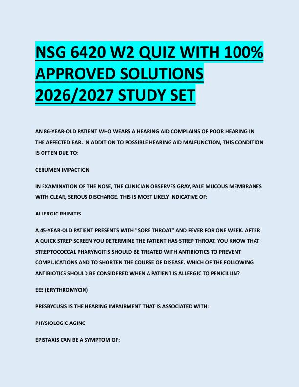 NSG 6420 W2 QUIZ WITH 100%  APPROVED SOLUTIONS  2026/2027 STUDY SET 