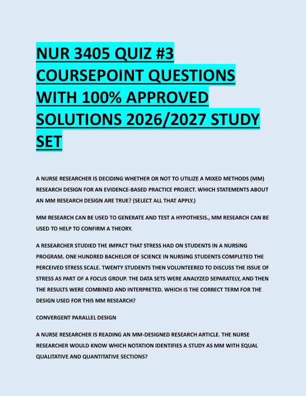 NUR 3405 QUIZ #3  COURSEPOINT QUESTIONS  WITH 100% APPROVED  SOLUTIONS 2026/2027 STUDY  SET 