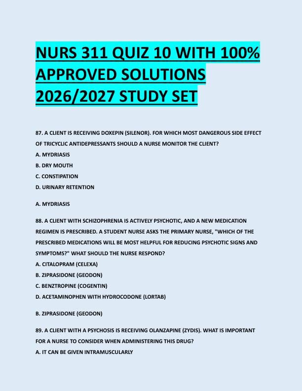 NURS 311 QUIZ 10 WITH 100%  APPROVED SOLUTIONS  2026/2027 STUDY SET