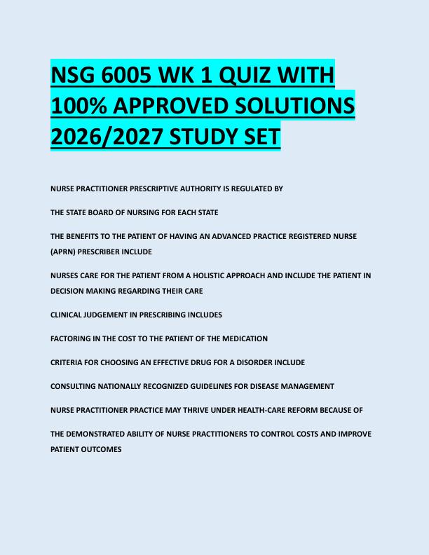 NSG 6005 WK 1 QUIZ WITH  100% APPROVED SOLUTIONS  2026/2027 STUDY SET 