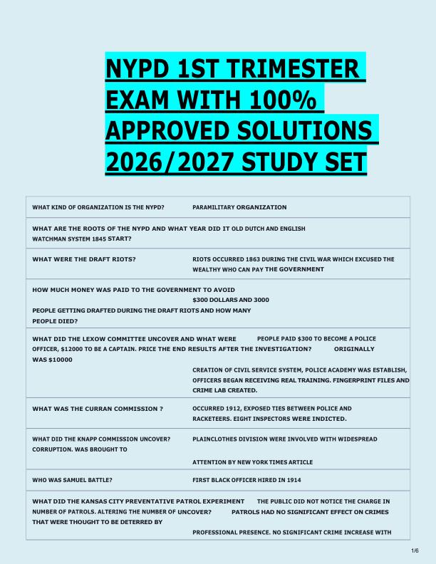 NYPD 1ST TRIMESTER  EXAM WITH 100%  APPROVED SOLUTIONS  2026/2027 STUDY SET