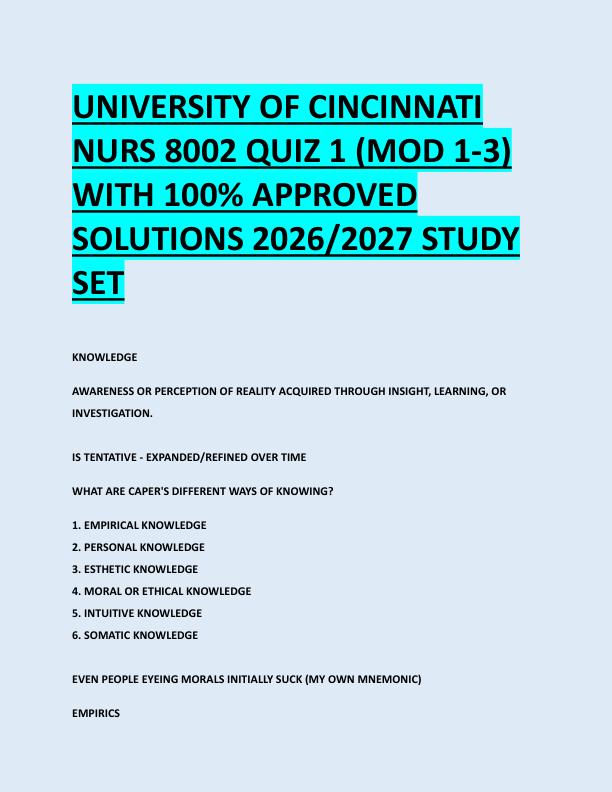 UNIVERSITY OF CINCINNATI  NURS 8002 QUIZ 1 (MOD 1-3)  WITH 100% APPROVED  SOLUTIONS 2026/2027 STUDY  SET 